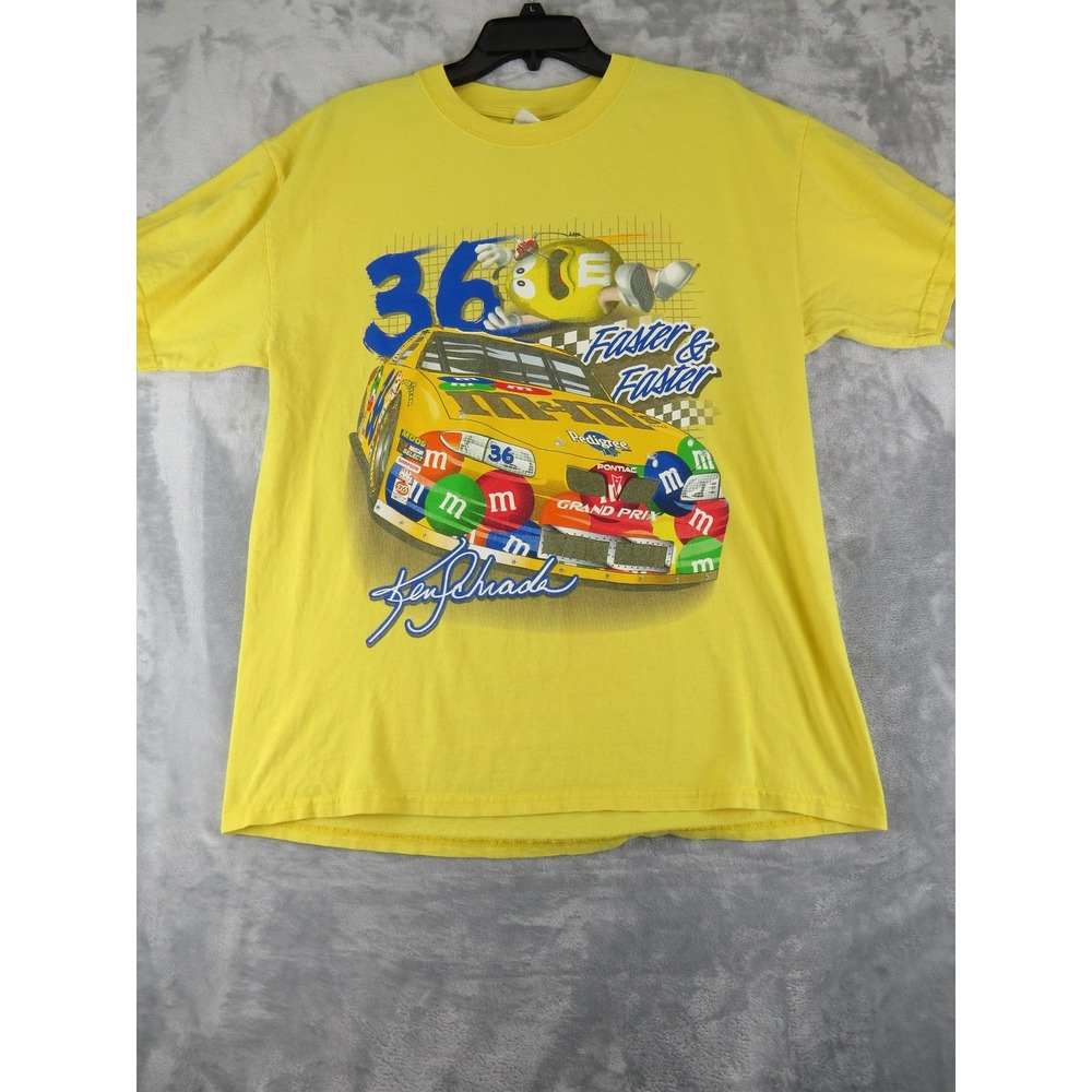 Vintage M&M NASCAR Racing T-Shirt Mens Large Yellow "Faster &‎ Furer" M&Ms Y2K